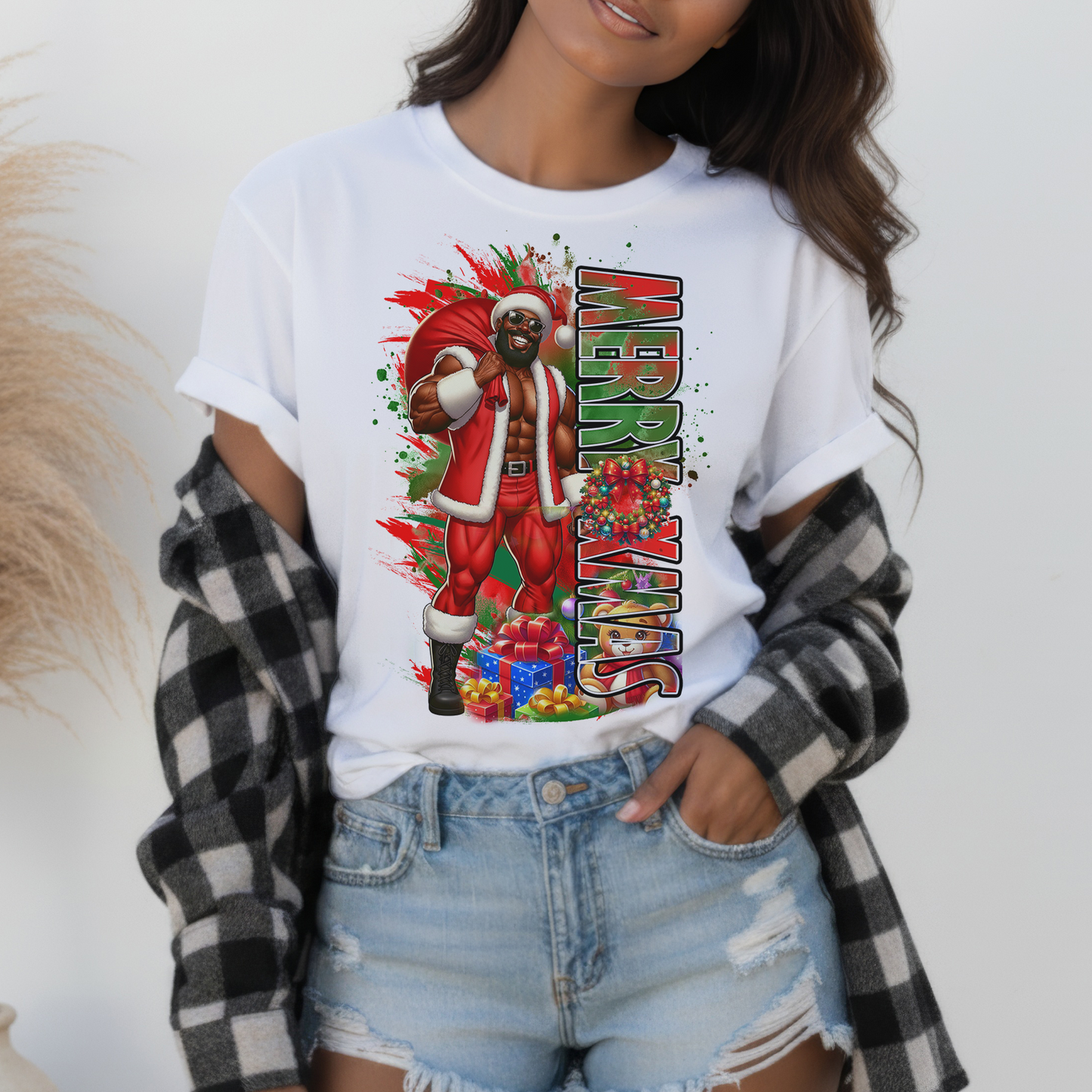 Buff Santa “Merry Xmas” T-Shirt – Holiday Drip with Muscle & Mistletoe